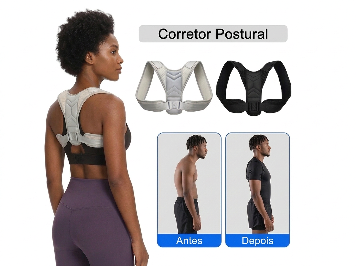 Mulher usando o Corretor Postural, o produto nas cores branca e preta e a comparação antes e depois da postura