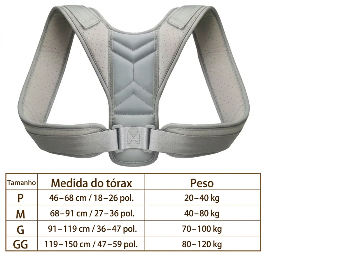 Corretor postural e tabela de tamanhos em português