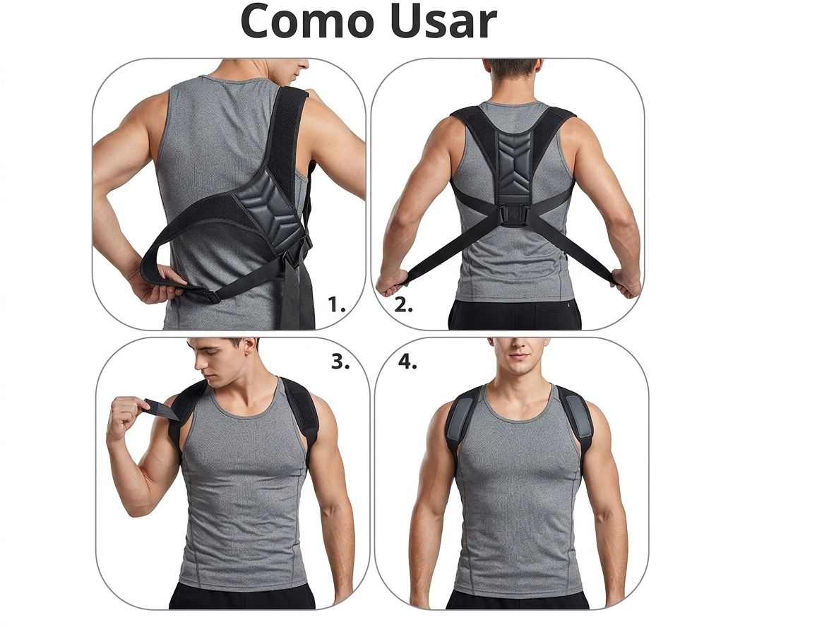 Passo a passo em quatro fotos mostrando como vestir e ajustar o Corretor Postural